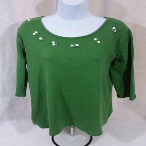 Women's Large Kenneth 3/4 Sleeve Solid Green T-Shirt - 100% Cotton